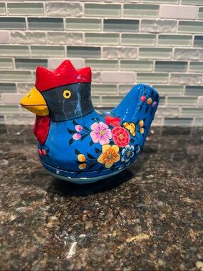 Hand-Painted Blue Floral Chicken Paper Mache Trinket Box Decorative Home Accent